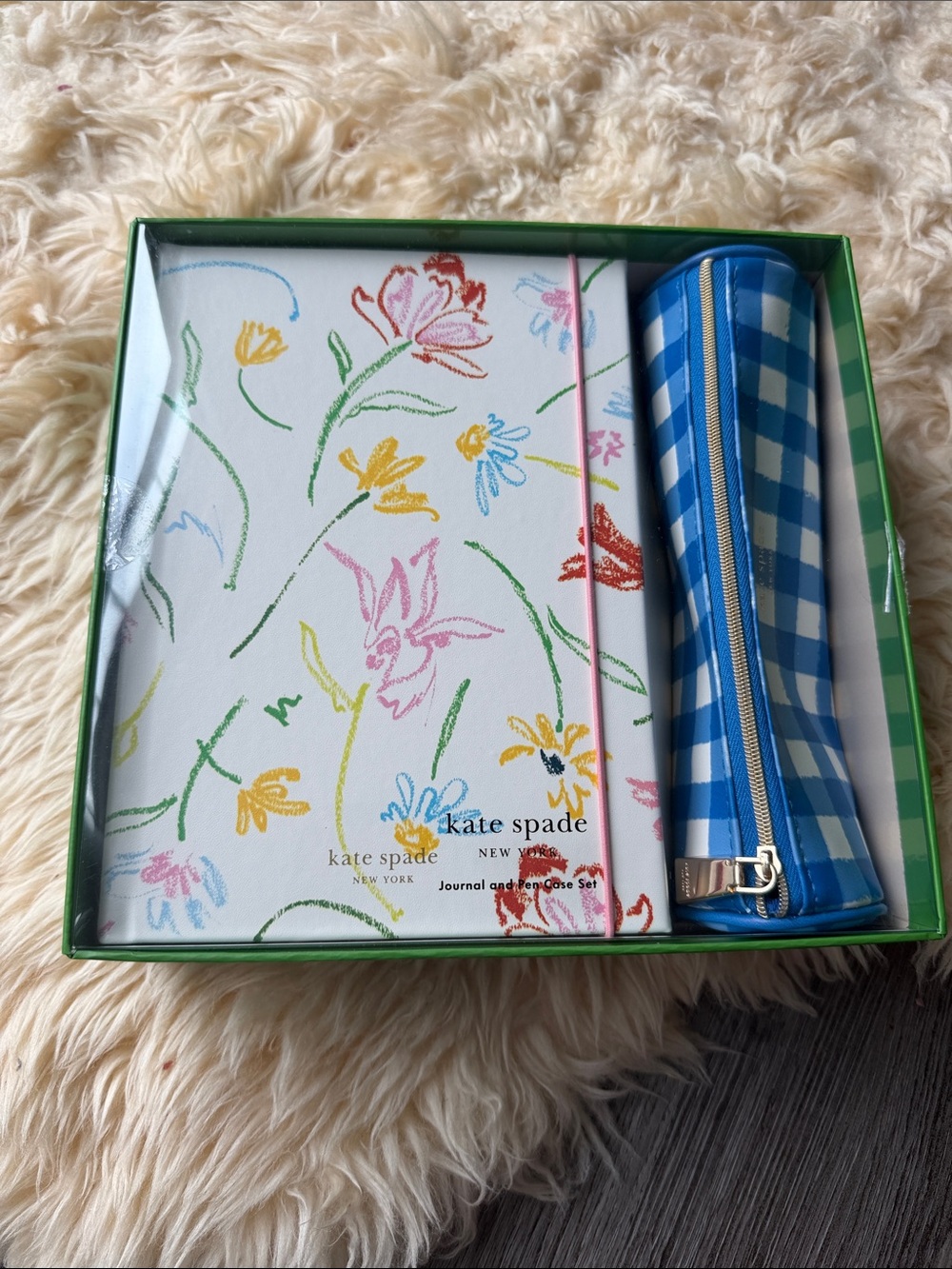 kate spade White Floral Journal with Blue Gingham Pencil Case